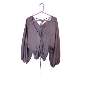 Bohme Shirt Womens Small Purple‎ Satin Balloon Sleeve Drawstring Blouse Top